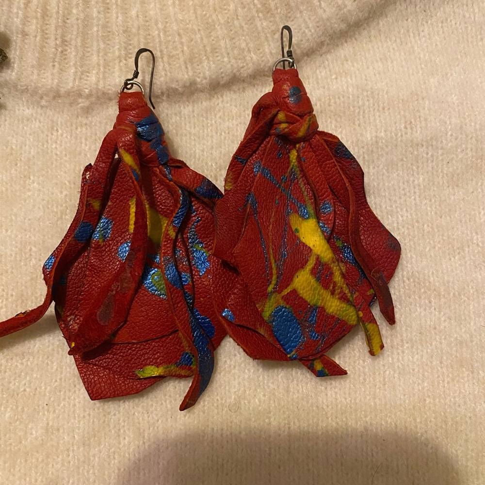 Red Leather Leaf Earrings